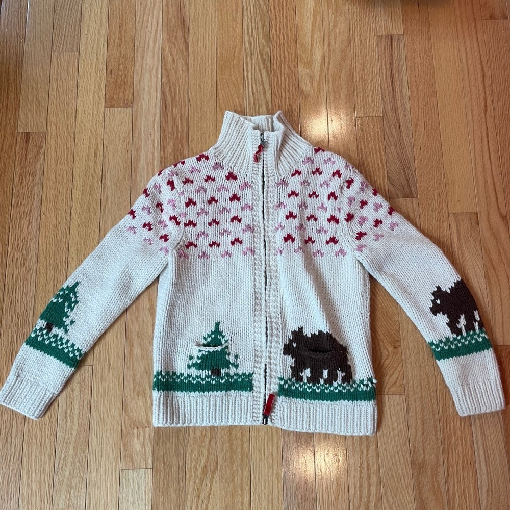 American Eagle Outfitters Cream Zip-Up Sweater Cardigan with Tree and Bear Motif